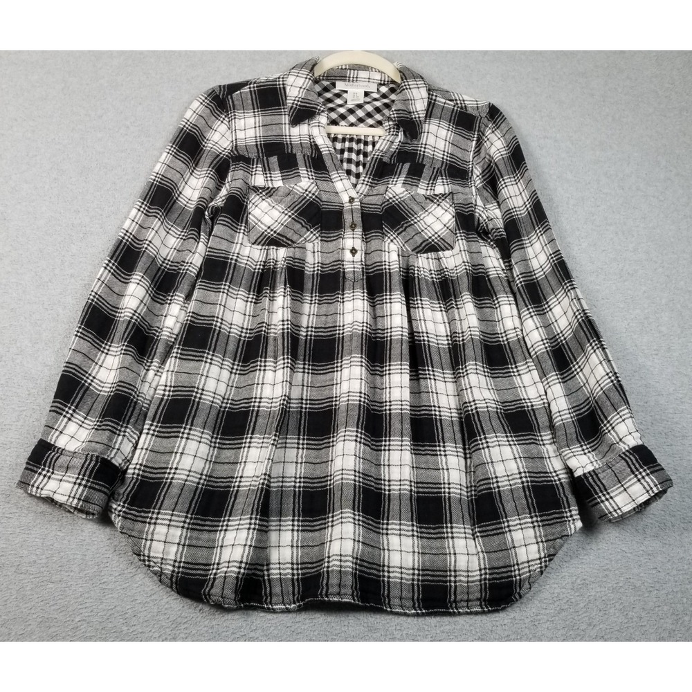 Motherhood Maternity Tunic Top Womens Small Black White Plaid Flannel Waist Tie